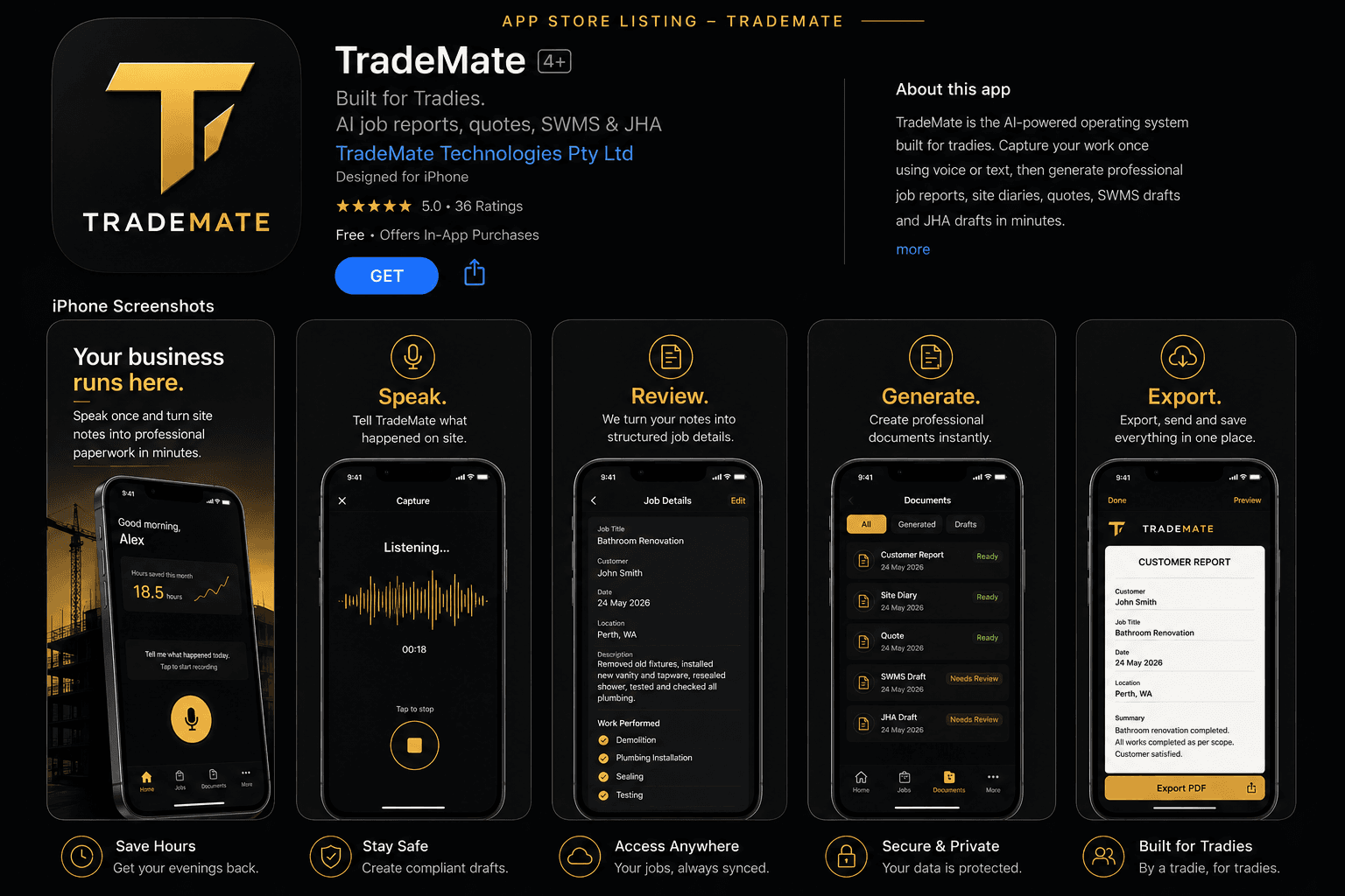 TradeMate App Store listing mockup with iPhone screenshots and app description