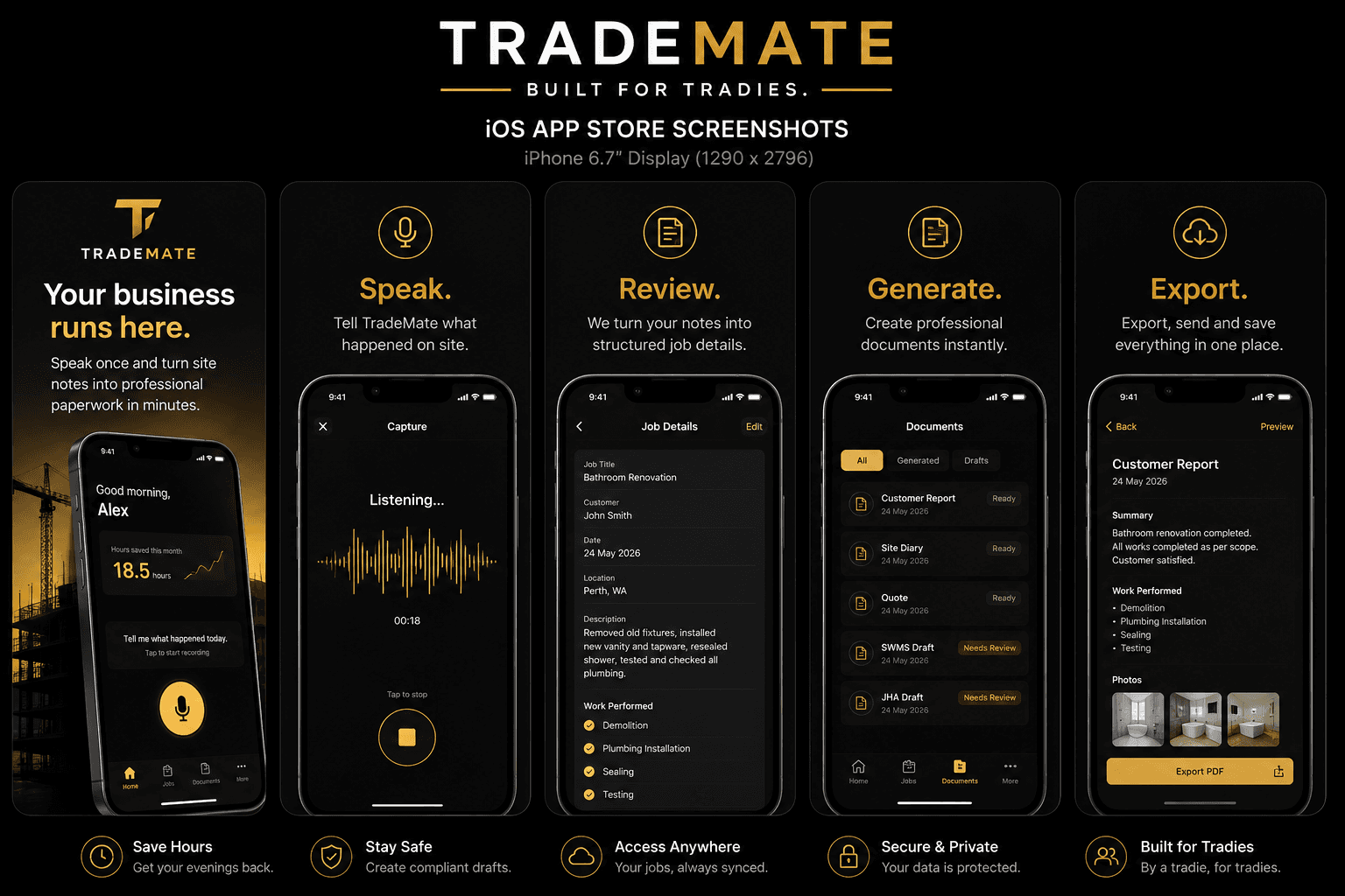 TradeMate mobile app screenshots showing voice capture, job review, document generation and PDF export