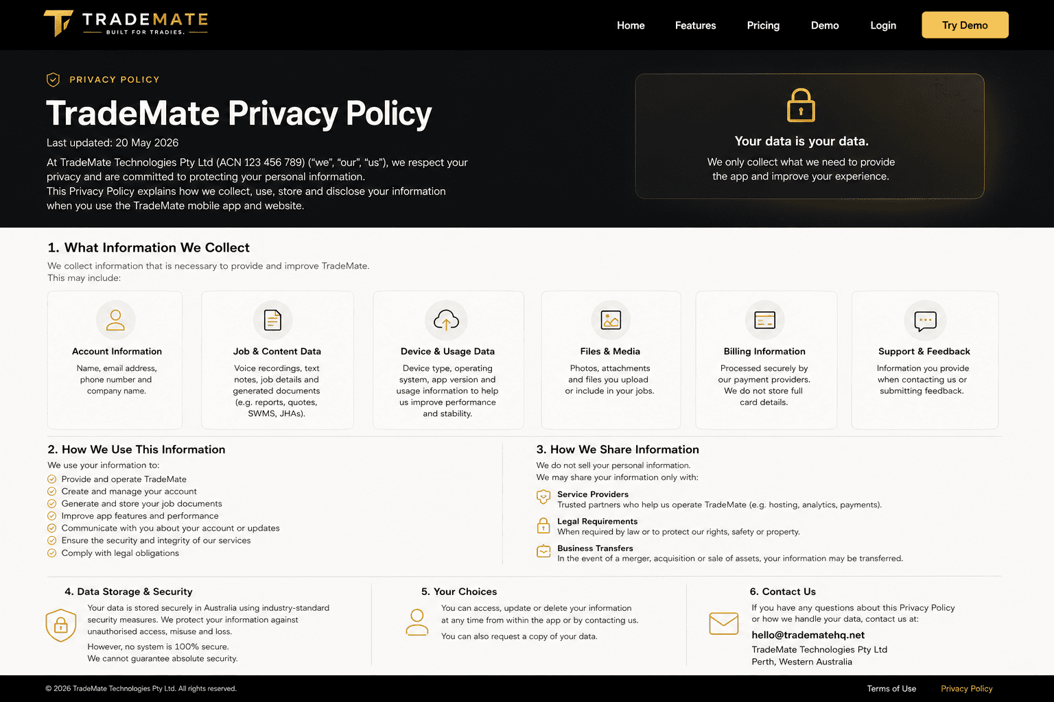 TradeMate privacy policy preview showing data protection and security information